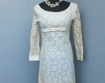 Exquisite 1960s Lace Dress, Empire, Party or Cocktail Dress, Bridal, Bridesmaid, Off White, Ivory, size 7