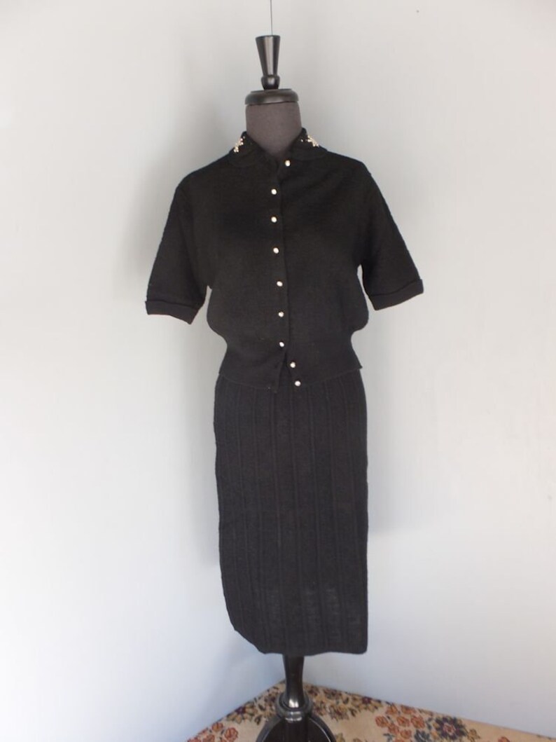 Vintage 1940s Toby Berman Wool Knit Two Pc Black Twinset Skirt and Sweater Set Skirt and Blouse Set Medium