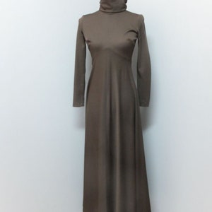 1970er Jahre JOSEPH MAGNIN Schokoladenbraun Langarm Stehkragen Empire Stil Maxi/Midi Kleid Größe S, 34 Oberweite