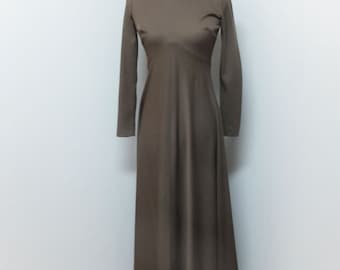 1970s JOSEPH MAGNIN Chocolate Brown Long Sleeve High Neck Empire Style Maxi/Midi Dress size Small, 34 bust