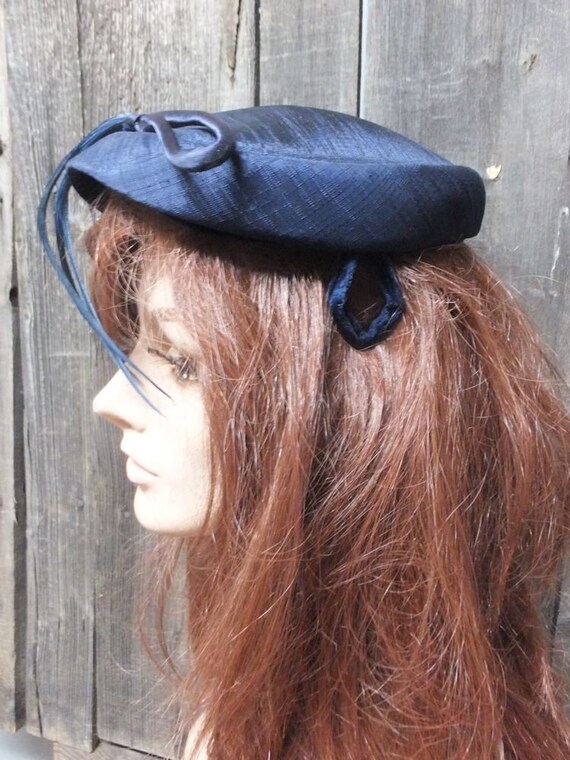Vintage Wool Hat Blue Pillbox Hat Feather Melusse Church Hat Vintage Navy Blue Pill Box Hat W/feather Detailing, Church  main image 2