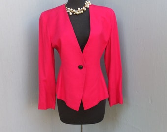 Vintage 1980s Jacket, Saville, Hot Pink Jacket, Linen and Rayon, Career Jacket, size 6
