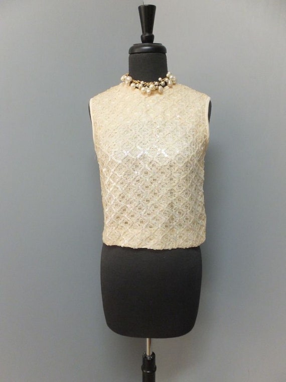 Vintage 1960s Top, Iridescent Sequined Shell, Ivo… - image 8