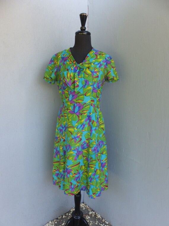 Vintage 80s Dress, Green and Purple Floral Dress,… - image 4