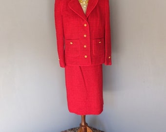 Vintage 1980s/90s  Red Wool 2 pc. Suit, Saks Fifth Avenue, Business or Holiday Suit, Dressy, Cocktail, Dinner, Elegant,