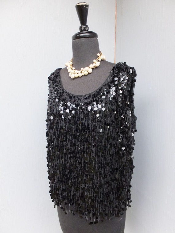 1960s Shell, BLACK Beaded and Sequin Shell, Sleev… - image 2
