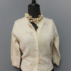Vintage Beaded Sweater, 1960s Sweater,  Holiday, Cocktail, Elegant Evening Wear, Bracelet Sleeve, Ivory or Off White, 34 BUST, SMALL