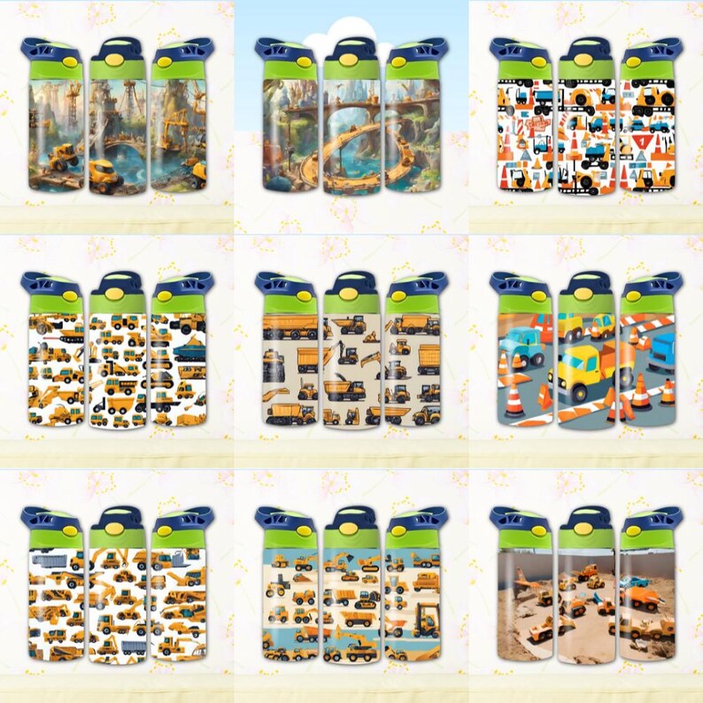 May include: Three sets of three yellow and green construction themed water bottles with different designs. The designs include construction vehicles, construction sites, and a bridge.