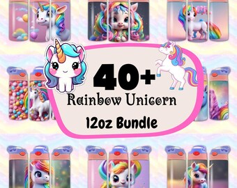 May include: A set of 40+ 12oz reusable water bottles with colorful rainbow unicorn designs. The bottles are made of durable plastic and feature a screw-on lid.