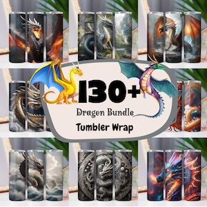 May include: A collection of 130+ dragon themed tumbler wraps. The wraps feature a variety of dragons in different colors and poses. The text "130+ Dragon Bundle Tumbler Wrap" is displayed in the center of the image.