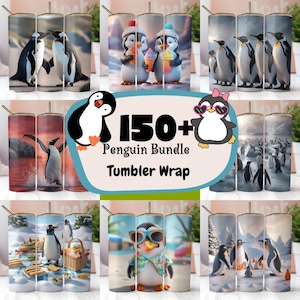 Könnte beinhalten: Eine Sammlung von über 150 Tumbler-Verpackungen mit Pinguin-Motiven. Die Verpackungen zeigen verschiedene Pinguin-Designs, darunter Pinguine mit Sonnenbrillen, Pinguine mit Eis am Stiel und Pinguine in einer verschneiten Landschaft. Der Text "150+ Penguin Bundle Tumbler Wrap" ist in der Mitte des Bildes zu sehen.
