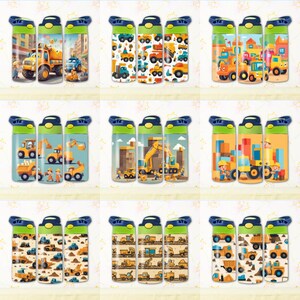 May include: Set of nine reusable water bottles with different construction vehicle designs. The bottles are green and blue with yellow lids and feature various construction vehicles like bulldozers, excavators, and dump trucks.