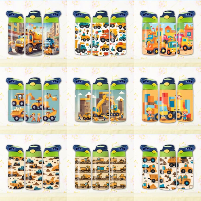 May include: Set of nine reusable water bottles with different construction vehicle designs. The bottles are green and blue with yellow lids and feature various construction vehicles like bulldozers, excavators, and dump trucks.