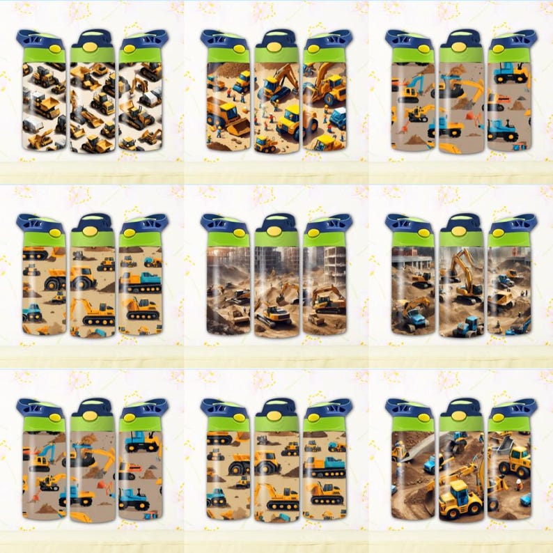 May include: Set of nine reusable water bottles with a construction theme. Each bottle features a different design with yellow construction vehicles on a brown background.