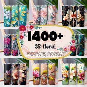 May include: A collection of 1400+ 3D floral tumbler designs. The tumblers feature a variety of floral patterns in different colors, including pink, blue, green, and gold. The tumblers are perfect for adding a touch of elegance to any occasion.