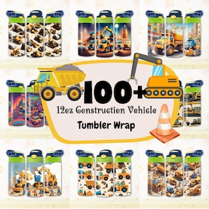 May include: A set of 12-ounce tumbler wraps featuring a variety of construction vehicles, including dump trucks, excavators, bulldozers, and cranes. The wraps are printed with a colorful cartoon design and are perfect for adding a fun and playful touch to any tumbler.