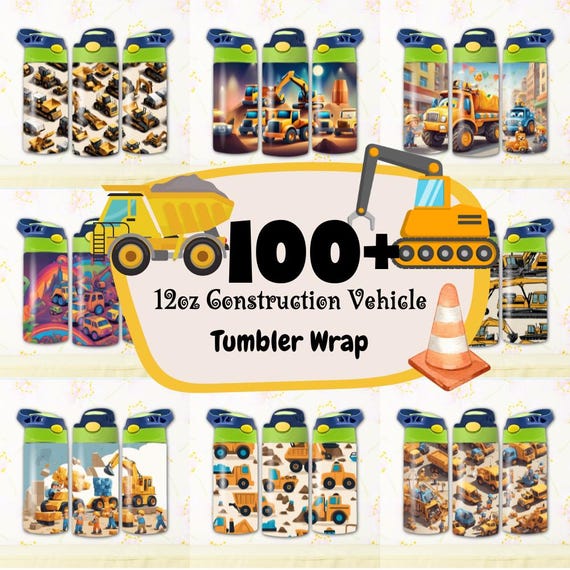 100+ Kid's Construction Zone excavator 12oz Sippy Cup Sublimation Designs 12oz Tumbler Wrap PNG JPG Cute Sippy Cup Wrap, Kids Water Bottle