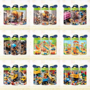 May include: Set of three green and blue water bottles with different construction vehicle designs. The designs include a cement mixer, a dump truck, and a construction site with a crane and a slide.