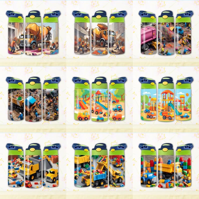 May include: Set of three green and blue water bottles with different construction vehicle designs. The designs include a cement mixer, a dump truck, and a construction site with a crane and a slide.
