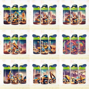 May include: Set of three reusable water bottles with a construction theme. Each bottle features a different design with yellow construction vehicles on a colorful background.
