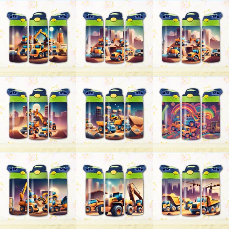 May include: Set of three reusable water bottles with a construction theme. Each bottle features a different design with yellow construction vehicles on a colorful background.