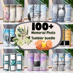 May include: A digital download of 100+ memorial photo tumbler designs. The designs feature various images including angels, butterflies, flowers, and candles. The designs are perfect for creating personalized tumblers to honor loved ones.