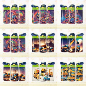 May include: Set of three colorful reusable water bottles with different construction vehicle designs. The bottles have a green lid and a blue cap.