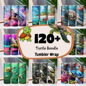 Pode incluir: Um conjunto de mais de 120 envoltórios para copos com tema de tartaruga. Os envoltórios apresentam vários desenhos de tartarugas em diferentes cores e fundos, incluindo cenas oceânicas, padrões florais e designs abstratos. Os envoltórios são projetados para se ajustar a copos de 20 oz.