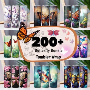 Pacote de envoltório de copo de borboleta com mais de 200 onças de 20 onças Skinny Tumbler Sublimação Neon brilhante Holográfico Borboleta Tumbler Roxo Aquarela Borboleta, png