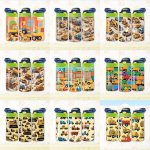 May include: Set of three yellow and blue construction vehicle themed water bottles with flip top lids. The bottles feature a variety of construction vehicles including bulldozers, excavators, dump trucks, and cranes.