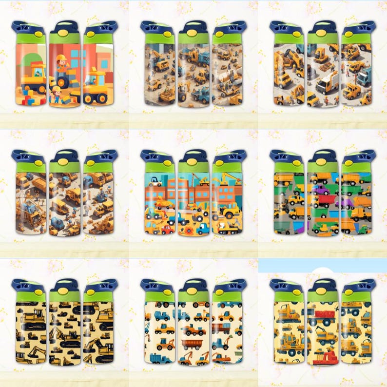 May include: Set of three yellow and blue construction vehicle themed water bottles with flip top lids. The bottles feature a variety of construction vehicles including bulldozers, excavators, dump trucks, and cranes.