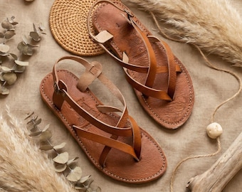 Handgefertigte marokkanische Leder Gladiator Sandalen für Frauen, Boho Flache Knöchel Riemen Sandalen, echte Leder Sommerschuhe, Minimalistische Handwerker Sandalen