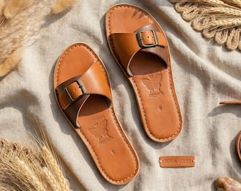 Handmade Moroccan Leather Buckle Sandals for Women, Boho Flat Slide Sandals, Genuine Leather Summer Shoes, Minimalist Artisan Comfort Slides