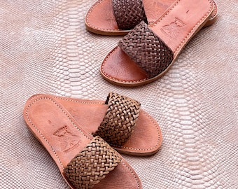 Handmade Moroccan Leather Sandals for Women – Natural Leather Slides – Boho Summer Slip-Ons – Artisan Flat Sandals Comfortable Breathable