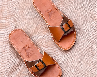 Leather Sandals Women – Handmade Moroccan Summer Slides – Natural Barefoot Style – Boho Flat Sandals – Sommergeschenk Gift Idea