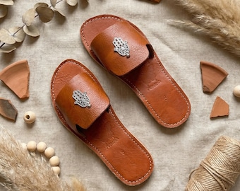Handmade Moroccan Leather Hamsa Sandals for Women, Boho Flat Slide Summer Shoes, Genuine Cowhide Minimalist Artisan Sandals