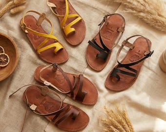 Handmade Moroccan Leather Strappy Sandals for Women, Boho Gladiator Ankle Strap Sandals,Genuine Leather Flat Summer Shoes,Artisan MultiColor
