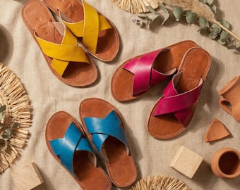 Handmade Moroccan Leather Sandals for Women – Colorful Cross Strap Flat Slides – Boho Minimalist Summer Shoes – Genuine Cowhide