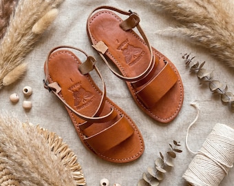 Handmade Moroccan Leather Sandals for Women, Boho Flat Ankle Strap Sandals, Genuine Leather Minimalist Summer Shoes, Artisan Brown Sandals