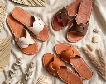 Sandales en cuir marocaines faites main pour femme, sandales d'été plates minimalistes, claquettes en cuir naturel, artisan de chaussures confort bohème