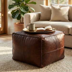 Puf marroquí cuadrado de cuero marrón chocolate - Otomana de cubo color chocolate espresso - Reposapiés grande para mesa de centro - Disponible en tamaños personalizados -