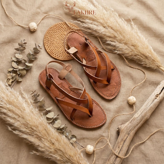 Handmade Moroccan Leather Gladiator Sandals for Women, Boho Flat Ankle Strap Sandals,Genuine Leather Summer Shoes,Minimalist Artisan Sandals
