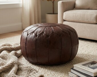 Dark Brown Moroccan Leather Pouf - Espresso Coffee Table Ottoman - Chocolate Floor Cushion - Genuine Leather Footstool - Walnut Brown Pouffe