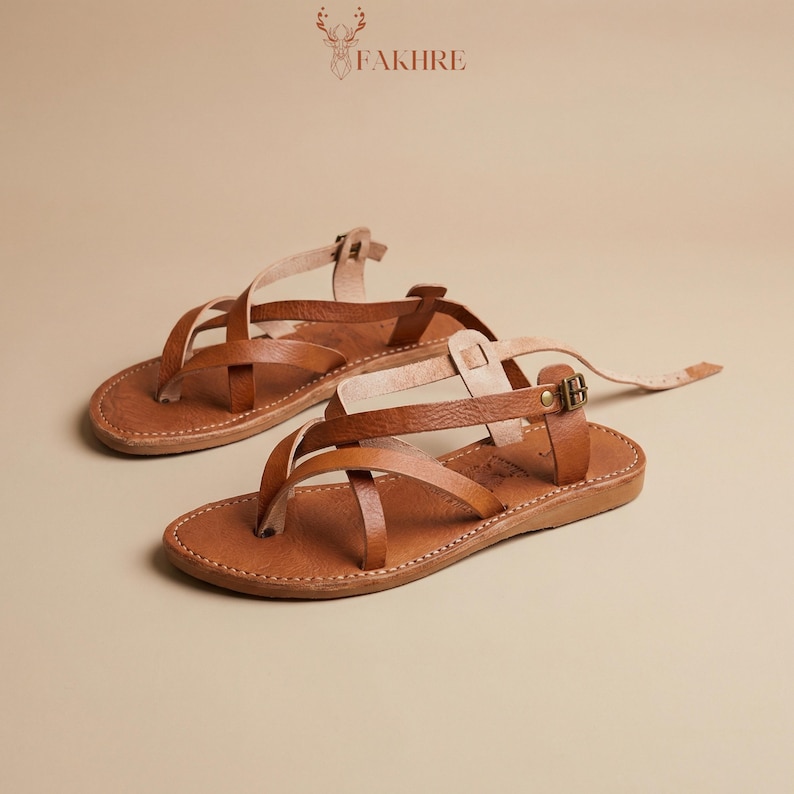 Handmade Moroccan Leather Gladiator Sandals for Women, Boho Flat Ankle Strap Sandals,Genuine Leather Summer Shoes,Minimalist Artisan Sandals image 7
