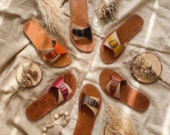 Moroccan Leather Buckle Slide Sandals for Women, Handmade Boho Flat Summer Shoes, Genuine Leather Artisan Slides