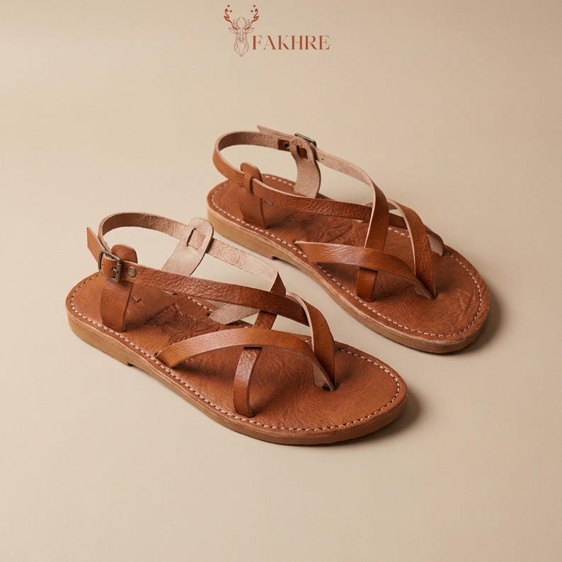 Handmade Moroccan Leather Gladiator Sandals for Women, Boho Flat Ankle Strap Sandals,Genuine Leather Summer Shoes,Minimalist Artisan Sandals image 2