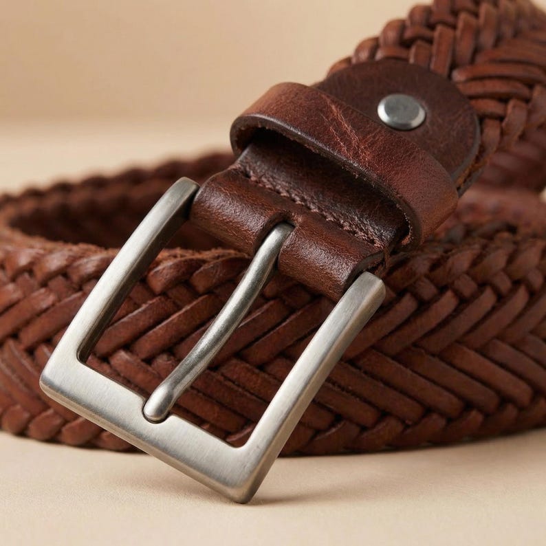 Handmade Braided Brown Leather Belt, Woven Genuine Leather Belt for Men and Women, Adjustable Casual Jeans Belt, Artisan Leather Accessory image 4