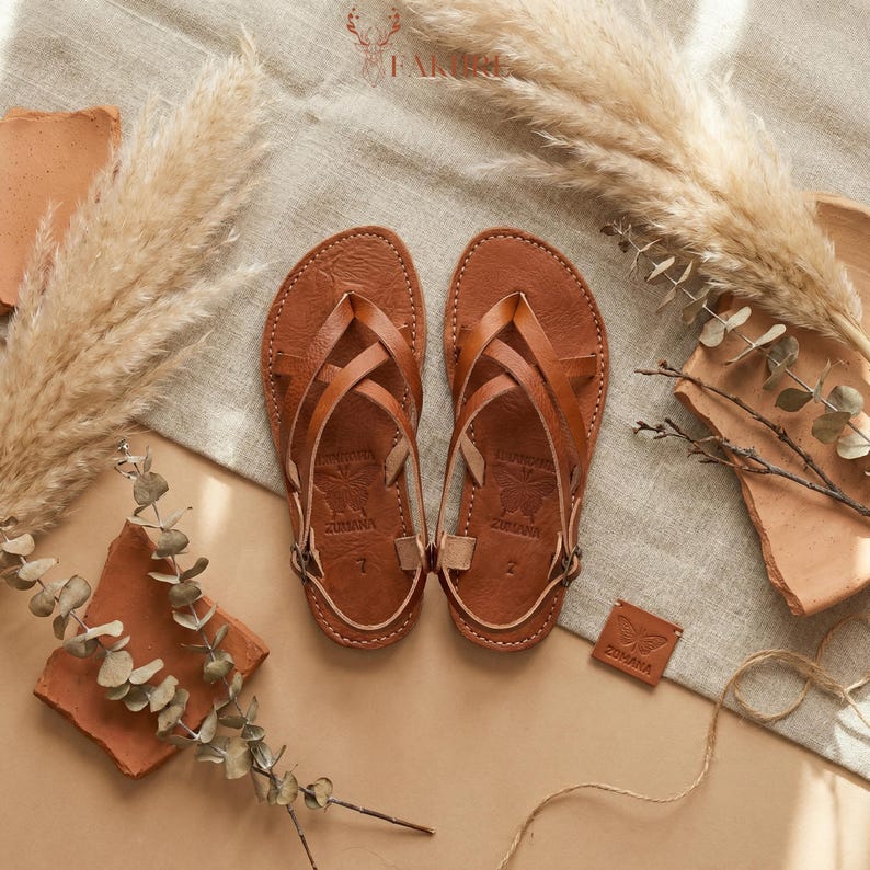 Handmade Moroccan Leather Gladiator Sandals for Women, Boho Flat Ankle Strap Sandals,Genuine Leather Summer Shoes,Minimalist Artisan Sandals image 3