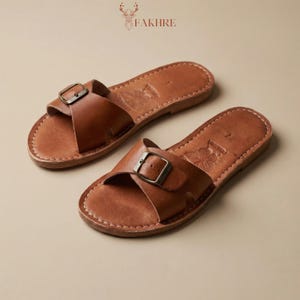 Handmade Moroccan Leather Buckle Sandals for Women, Boho Flat Slide Sandals, Genuine Leather Summer Shoes, Minimalist Artisan Comfort Slides image 6
