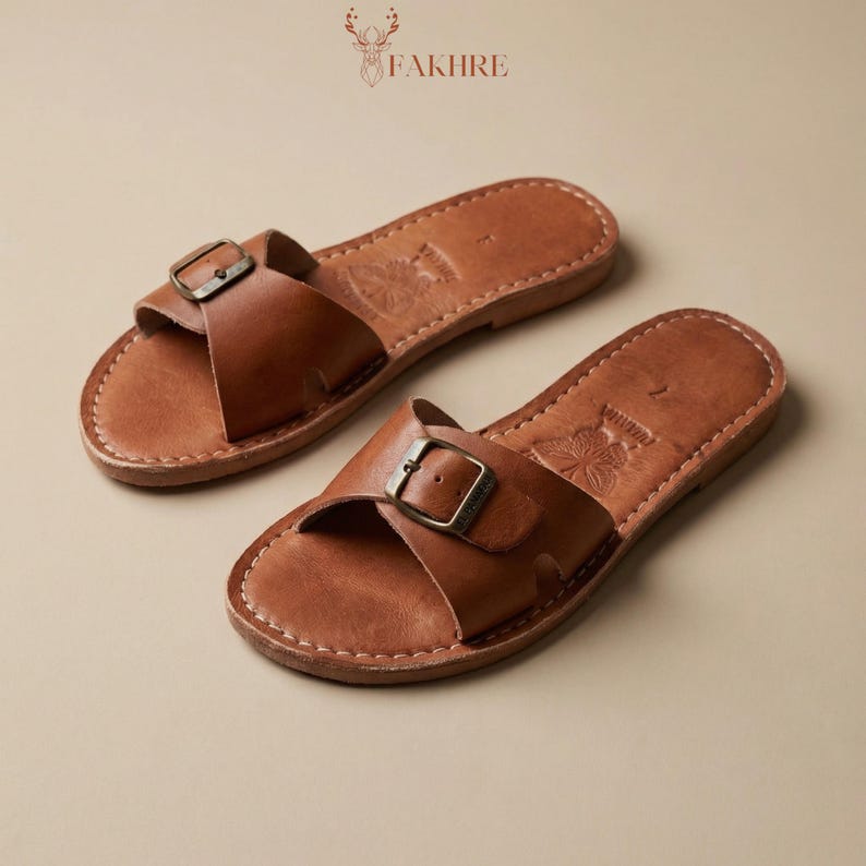 Handmade Moroccan Leather Buckle Sandals for Women, Boho Flat Slide Sandals, Genuine Leather Summer Shoes, Minimalist Artisan Comfort Slides image 6